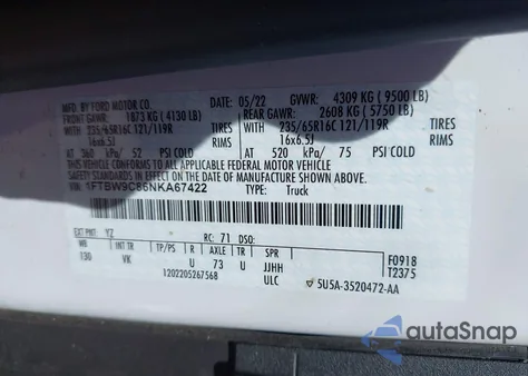 2022 Ford Transit-350 из США, поврежденный, VIN 1FTBW9C86NKA67422